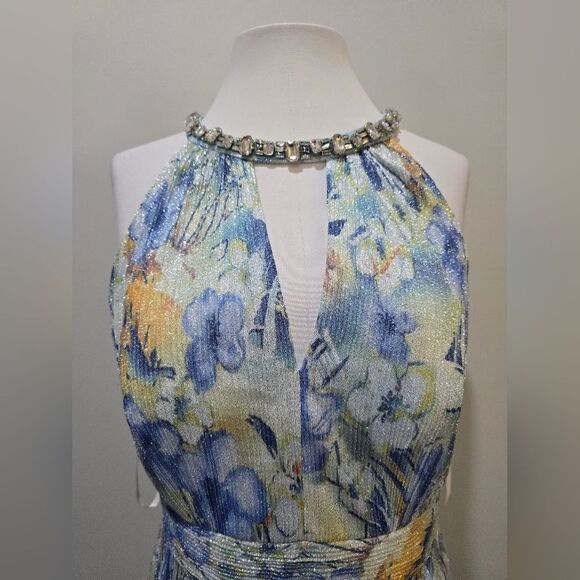 Eliza J Floral Cutout Rhinestone Halter Neck Gown NWT Size 12 Blue/Yellow - Picture 5 of 6